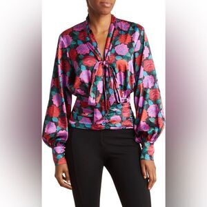 RONNY KOBO Eden Top Rose Satin Floral V-neck Ruched Waist Red Pink Purple